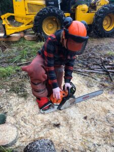 Woman wearing personal protective equipment starting a chainsaw