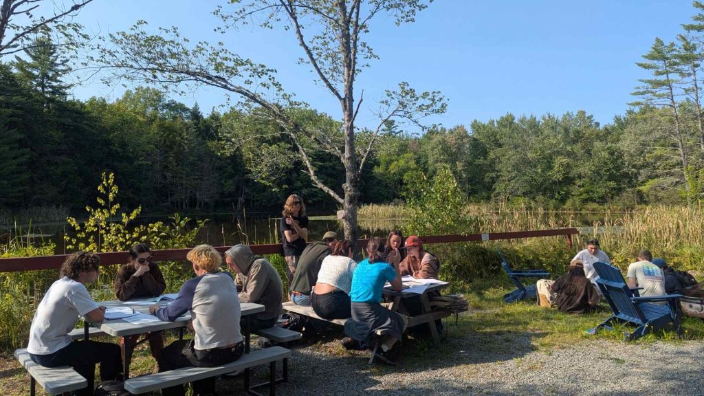 Students listening to lecture outside.